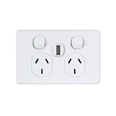 Clipsal Classic C2000 Double GPO Power Point Single USB Charger Horizontal 10A White Electric | C2025USBC-WE