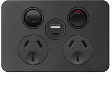 Hager Finesse Double GPO Power Point Horizontal 10A With USB A+C Matt Black | WBQP2USBAC-MB