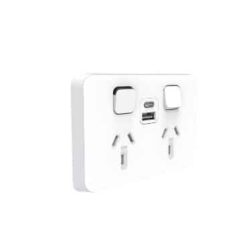 Clipsal Iconic Double GPO Power Point With 2 USB Charger A+C Horizontal 10A Vivid White | 3025USBAC-VW
