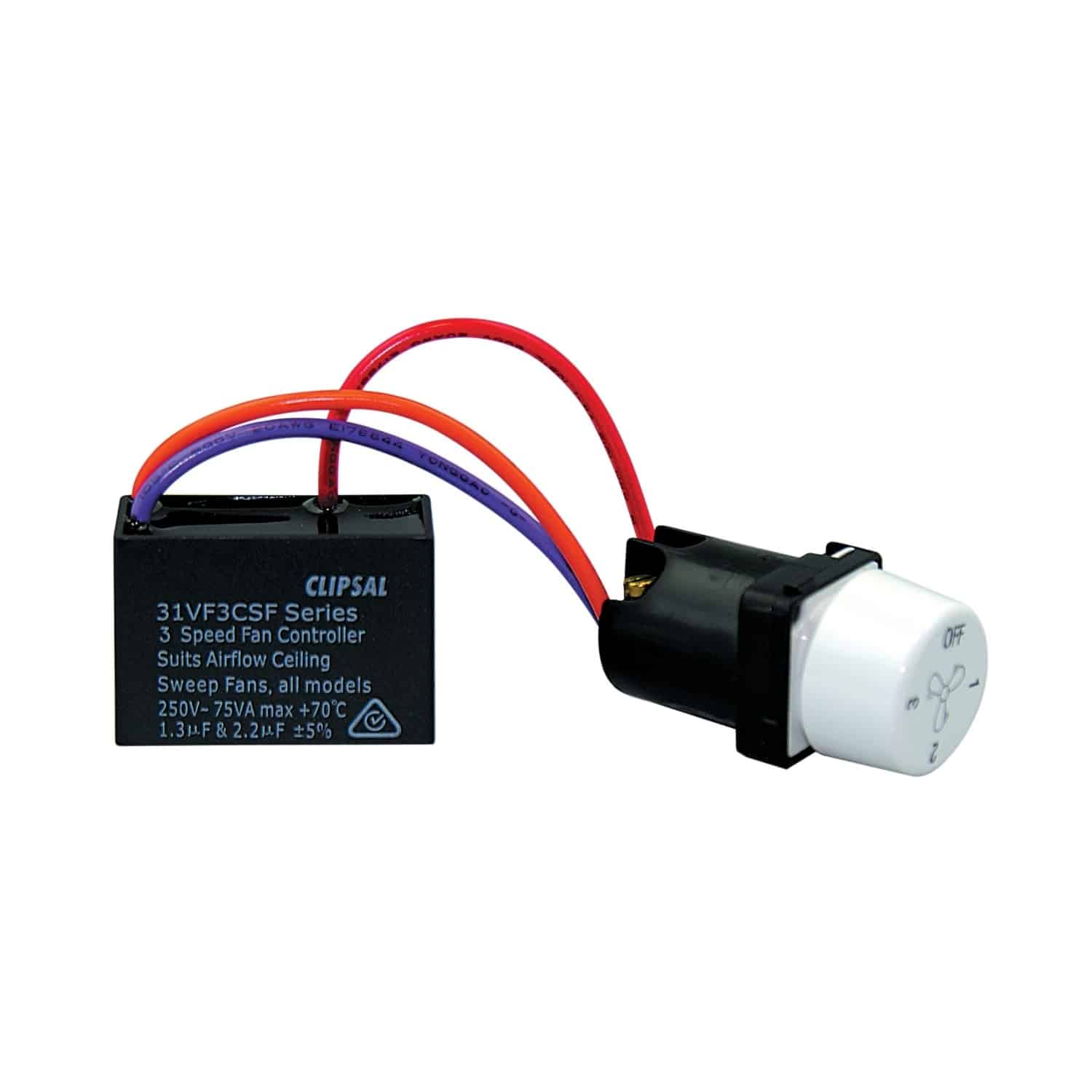 Clipsal 30 Series Fan Speed Controller Rotary 3 Speed 75W White Electric | 30CSFM-WE